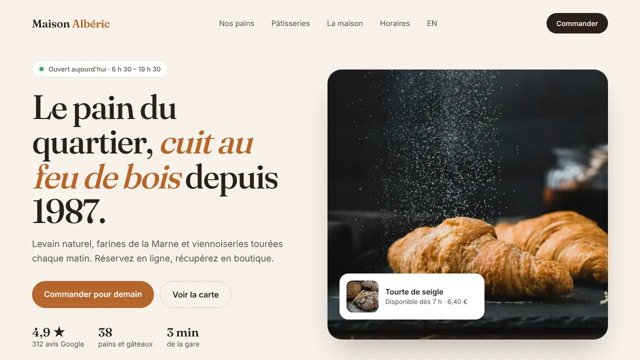 Après : page d'accueil refaite d'une boulangerie fictive, grande photo de croissants, titre clair et bouton Commander